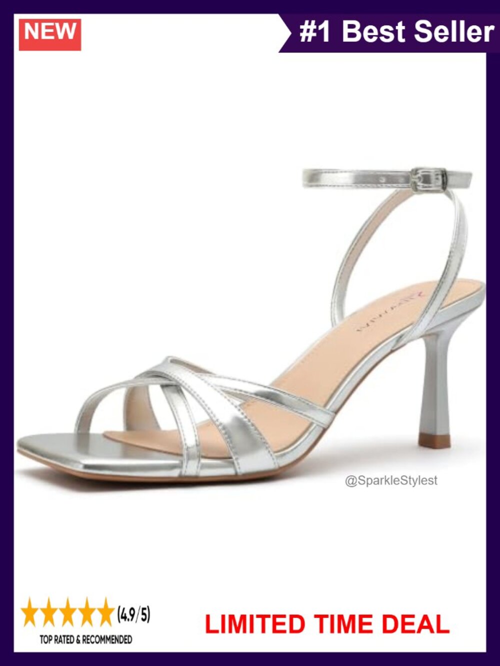 Metallic Leather Heeled Sandals Square Open Toe Strappy Wedding Party